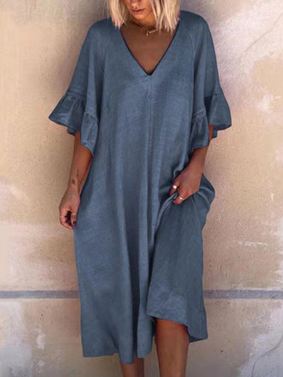 NTG Fad Dark Blue / S Women's Cotton Linen V-Neck Ruffled Three-quarter Sleeve Midi Dress