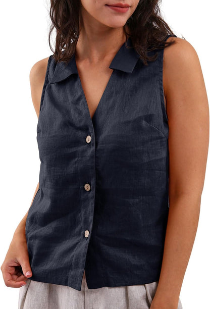 NTG Fad Dark Blue / Small Amazhiyu Women's 100% Linen Summer Sleeveless Button-Down Tops Slight Crop Vest