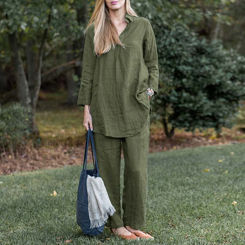 NTG Fad Dark Green / L Stylish Women Tracksuit Causal Loose Shirts And Pants Set Solid Blouse Pantsuit Elegant Matching Sets Oversized Outfits