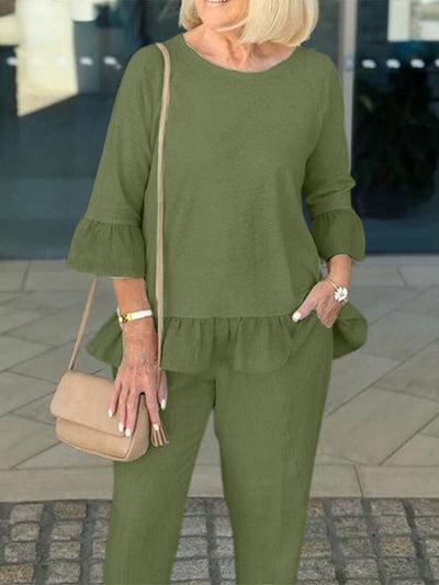 NTG Fad Dark Green / S 2PCS 3/4 Sleeve O-Neck Blouse Wide Leg Loose Pant Suit Outfit
