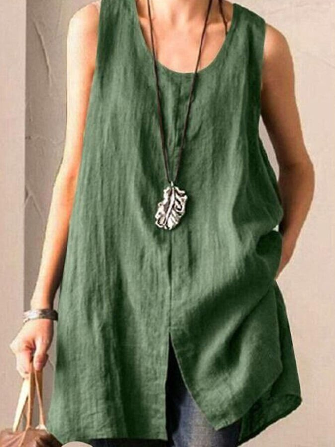 NTG Fad Dark Green / S Ladies Cotton Linen Sleeveless Vest Casual Top