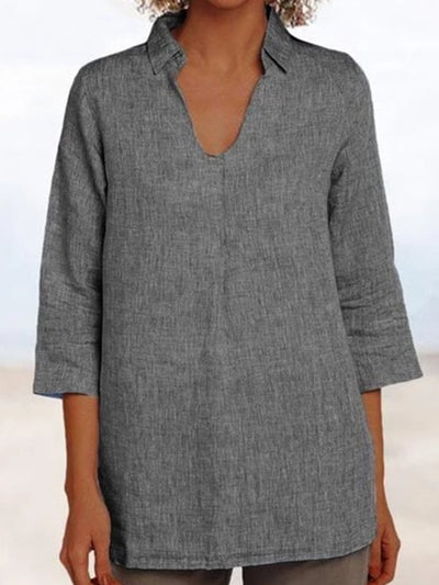 NTG Fad Dark Grey / S Ladies V-Neck Loose Casual Cotton Linen Shirt