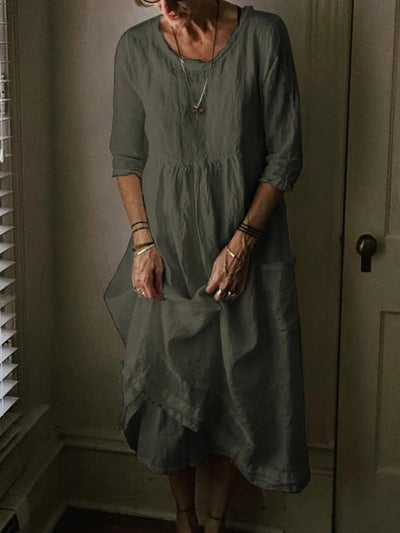 NTG Fad Dark Grey / S Women's Casual Round Neck Linen Solid Long Dress