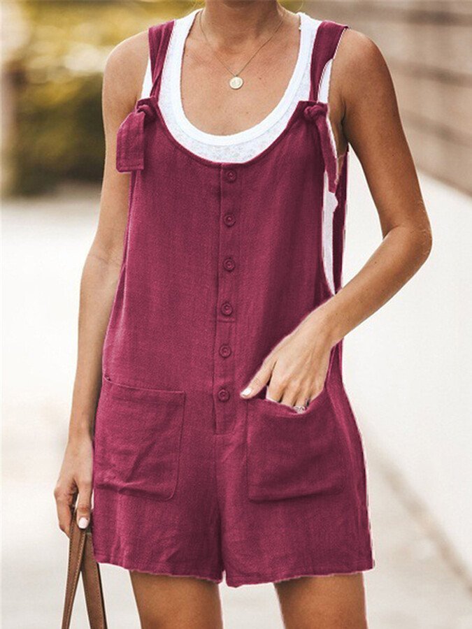 NTG Fad Dark Red / S Ladies Spring/Summer Solid Color Round Neck Button Loose Short Jumpsuit
