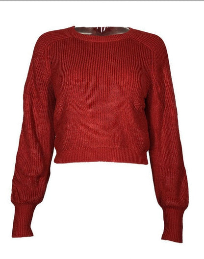 NTG Fad Dark Red / S Long-sleeved round neck belly-baring fashionable sweater