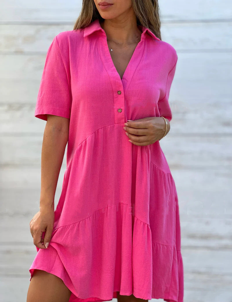 NTG Fad Deep Pink / S Women Plain Shirt Collar Short Sleeve Comfy Casual Short Dress
