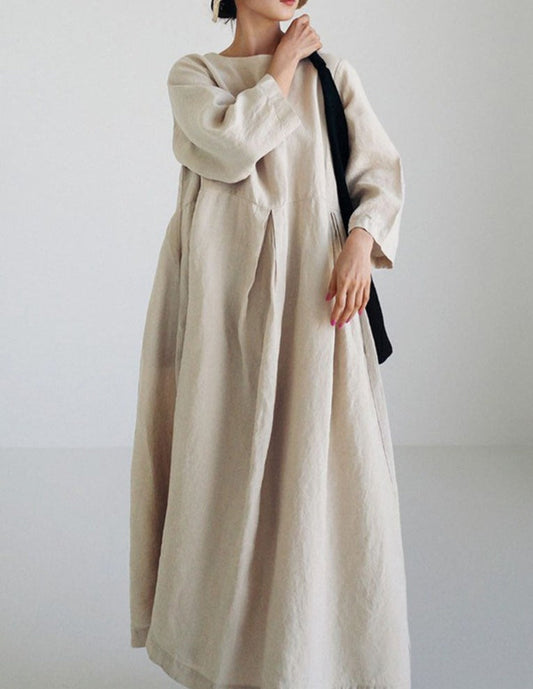 NTG Fad DRESS Apricot / L Casual artistic linen texture long-sleeved dress