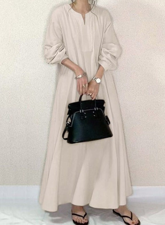 NTG Fad DRESS Apricot / S Cotton and linen lazy loose round neck long over-the-knee shirt dress