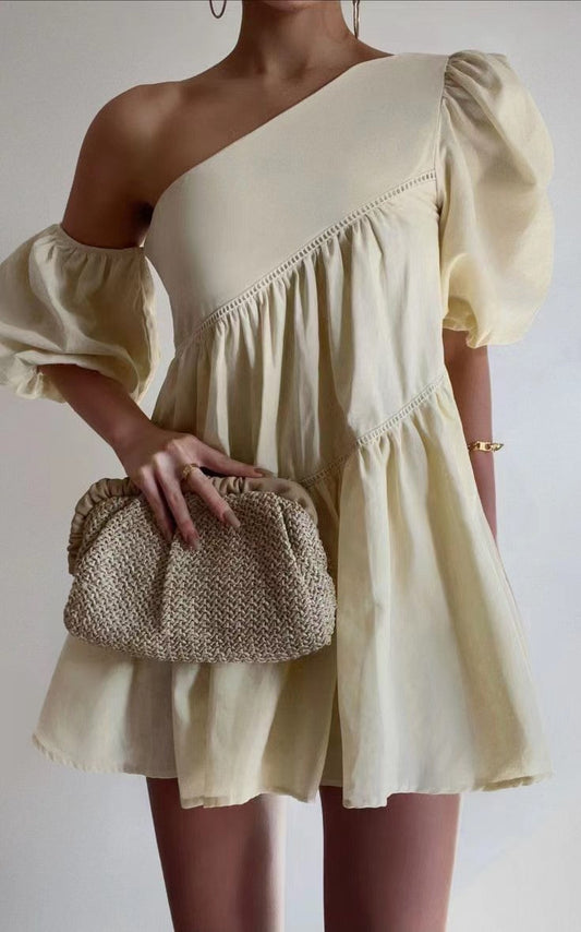 NTG Fad DRESS Apricot / S Cotton Linen Puff Sleeve Off Shoulder Dress