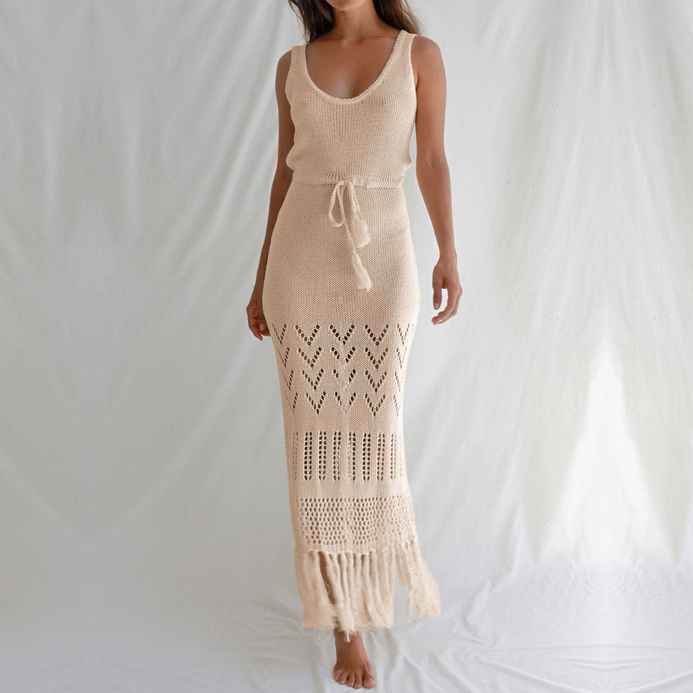 NTG Fad Dress Apricot / S Cutout lace-up fringed bikini cover-up beach maxi skirt
