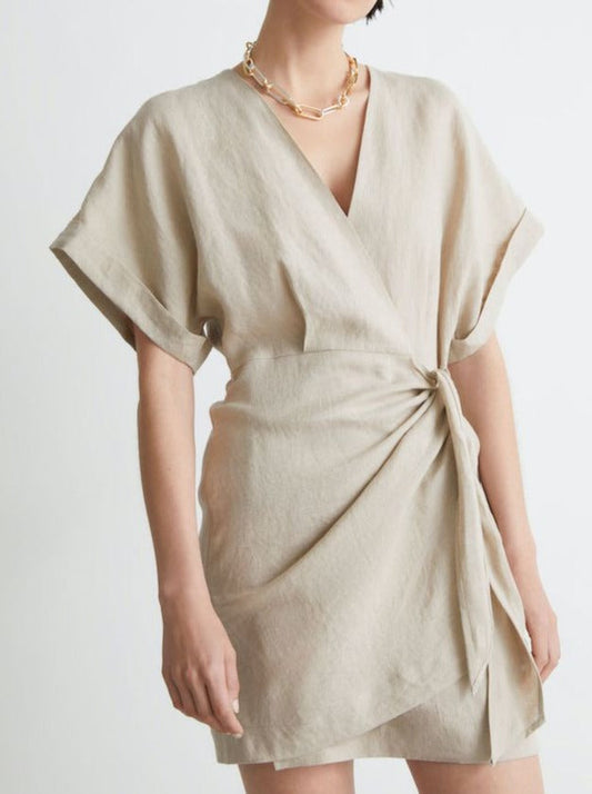 NTG Fad DRESS Apricot / S Linen Mini Wrap Dress-(Hand Made)