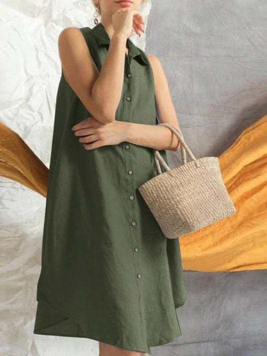 NTG Fad DRESS army green / 3XL Solid Color Cotton Linen Sleeveless Loose Lapel Shirt Dress
