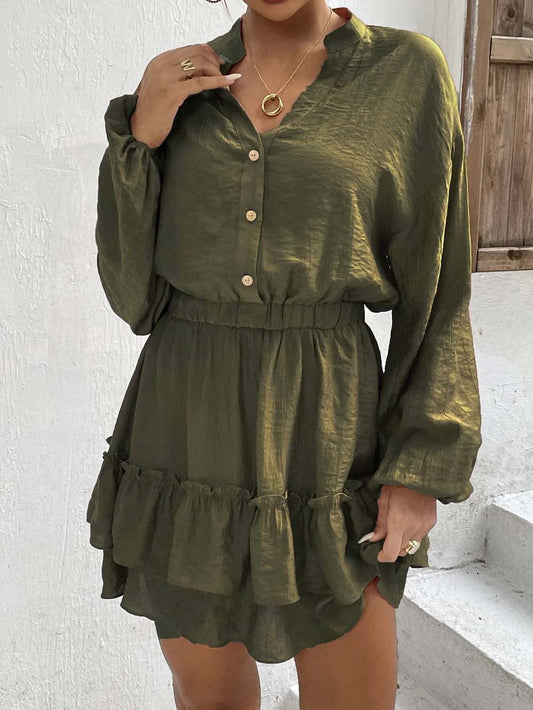 NTG Fad Dress army green / S Long-sleeve Necked Waist Ruffle A-Line Skirt