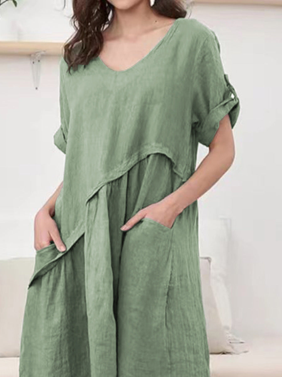NTG Fad DRESS Army Green / S New Short Sleeve Linen V Neck Pocket Dress