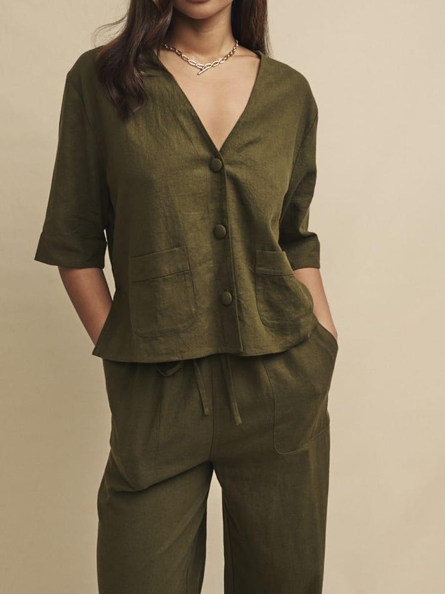 NTG Fad Dress Army Green / XS Button-front Linen-blend Short Sleeve Shirt-（Hand Made )