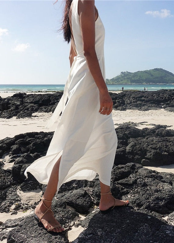 NTG Fad Dress Backless Beach Resort Cotton Linen Slit Waist Dress