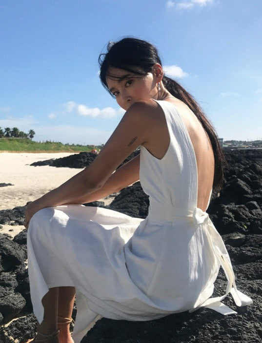 NTG Fad Dress Backless Beach Resort Cotton Linen Slit Waist Dress