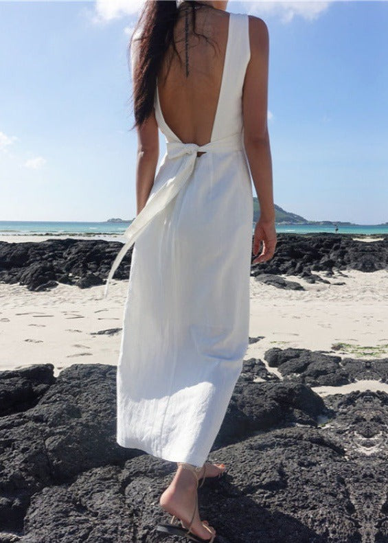 NTG Fad Dress Backless Beach Resort Cotton Linen Slit Waist Dress