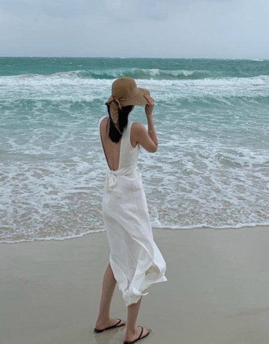 NTG Fad Dress Backless Beach Resort Cotton Linen Slit Waist Dress