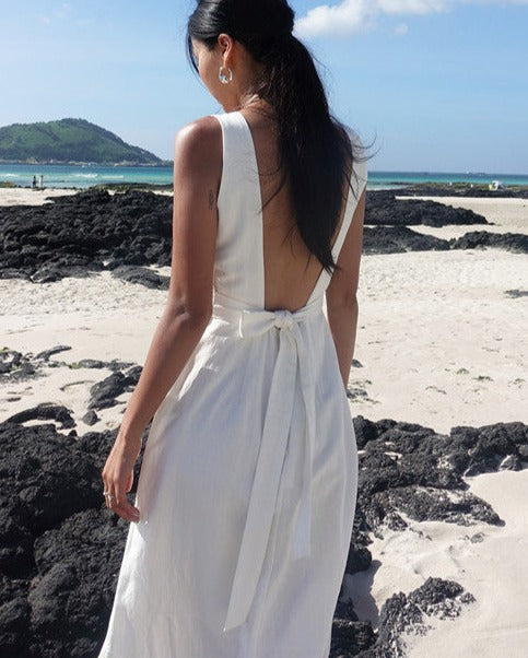 NTG Fad Dress Backless Beach Resort Cotton Linen Slit Waist Dress