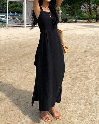 NTG Fad Dress Backless Beach Resort Cotton Linen Slit Waist Dress