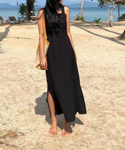 NTG Fad Dress Backless Beach Resort Cotton Linen Slit Waist Dress