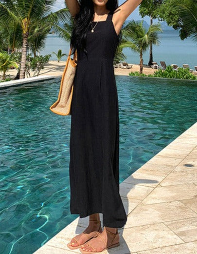 NTG Fad Dress Backless Beach Resort Cotton Linen Slit Waist Dress