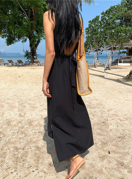 NTG Fad Dress Backless Beach Resort Cotton Linen Slit Waist Dress