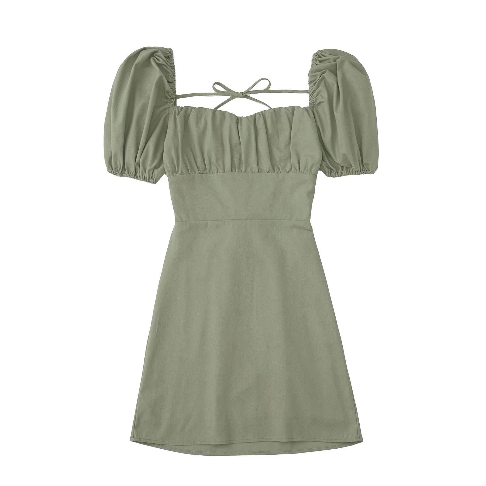 NTG Fad Dress bean green / XS Linen Tie Square Neck Slim Balloon Sleeve Solid Color Slim Dress