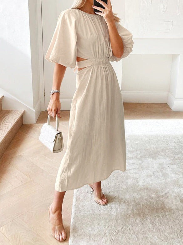 NTG Fad Dress beige / S Lace-up Hollow Puff Sleeve Round Neck Dress