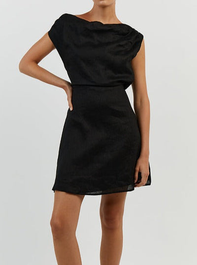NTG Fad DRESS Black Asymmetric Linen Mini Dress-(Hand Made)