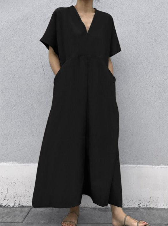 NTG Fad DRESS Black / one size Short Sleeve Solid Color V-Neck Large Pocket Linen Dress