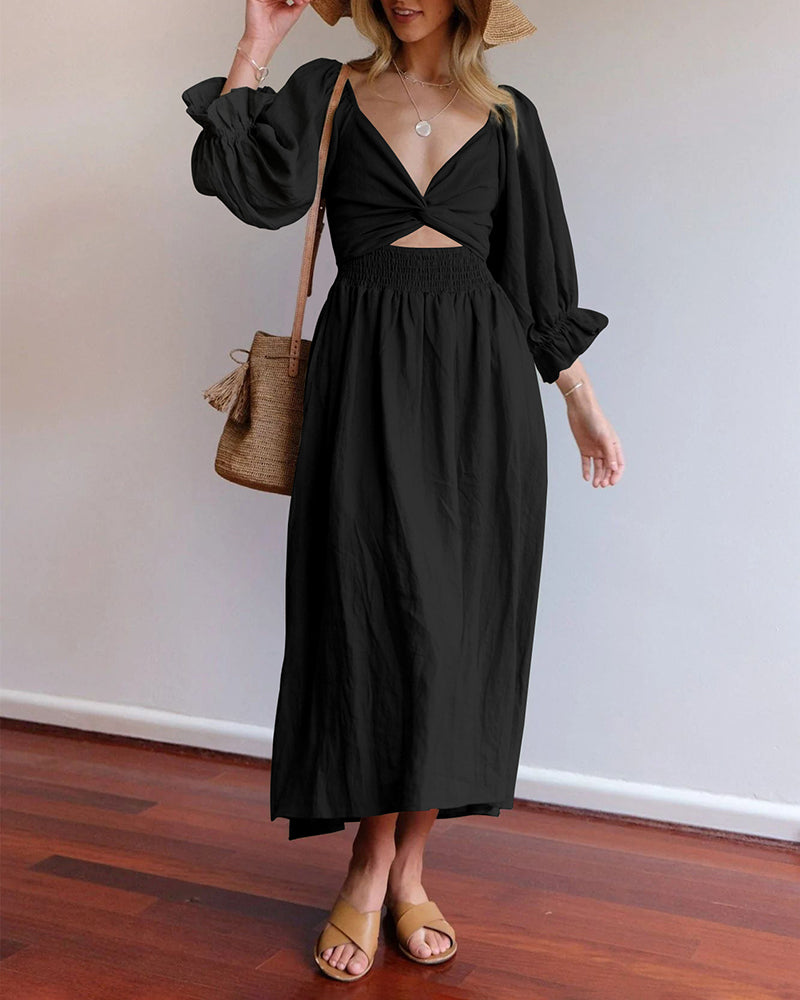 NTG Fad Dress Black / S(4-6) Ruffled Lantern Sleeve Multi-Wear Elegant Midi Dress