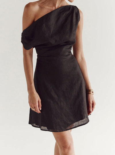 NTG Fad DRESS Black / S Black Asymmetric Linen Mini Dress-(Hand Made)