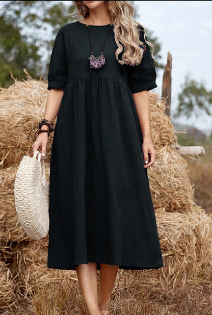 NTG Fad DRESS Black / S Cotton Linen Loose Round Neck Long Dress