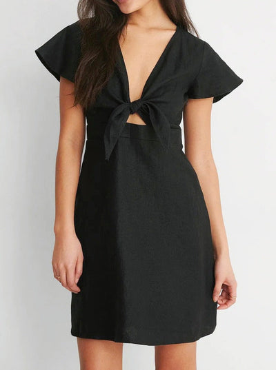 NTG Fad DRESS Black / S Cotton linen sexy V-neck A-line skirt