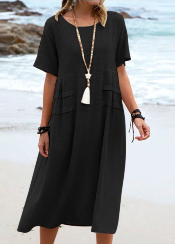 NTG Fad DRESS Black / S Cotton Linen Solid Color Round Neck Short Sleeve Long Dress
