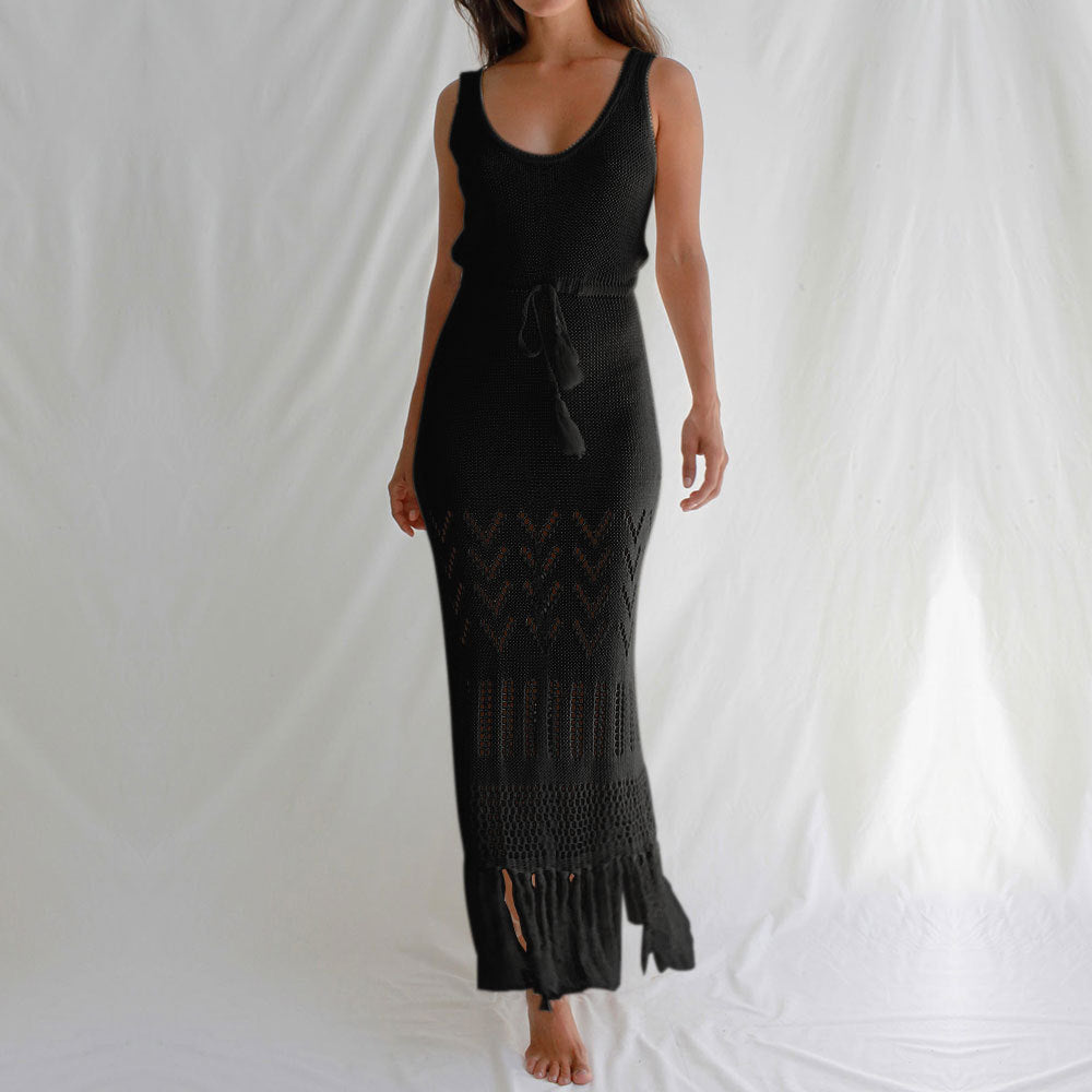 NTG Fad Dress Black / S Cutout lace-up fringed bikini cover-up beach maxi skirt