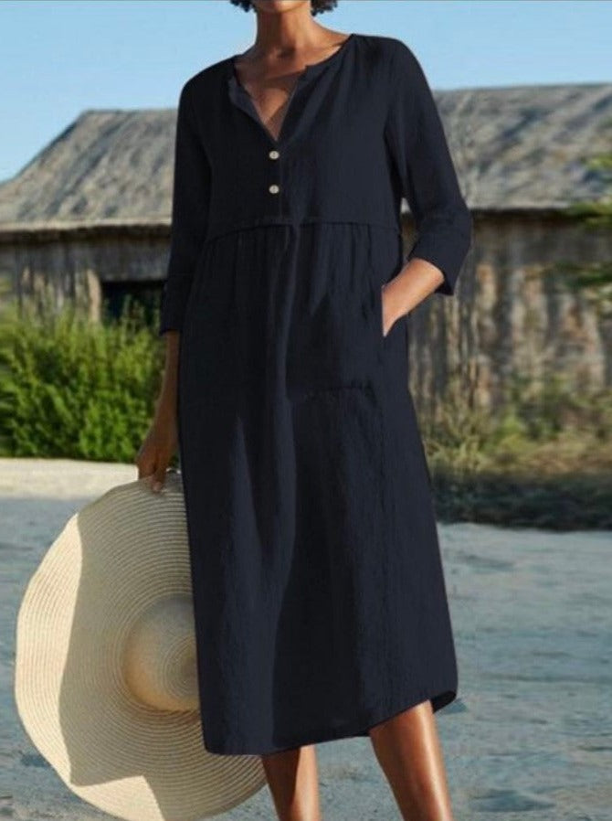 NTG Fad DRESS Black / S Round Neck Button Pocket Cotton Linen Long Sleeve Solid Color Dress