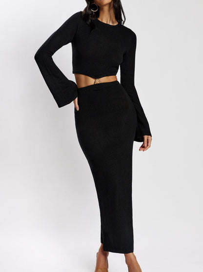 NTG Fad Dress black / S Round neck fake two piece open waist slit sweater dress