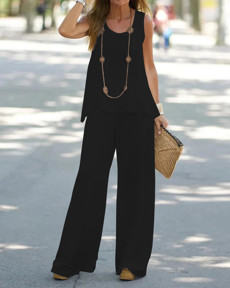 NTG Fad Dress Black / S Two-Piece Set Casual Solid Color Vest Sleeveless Top Loose Wide Leg Pants