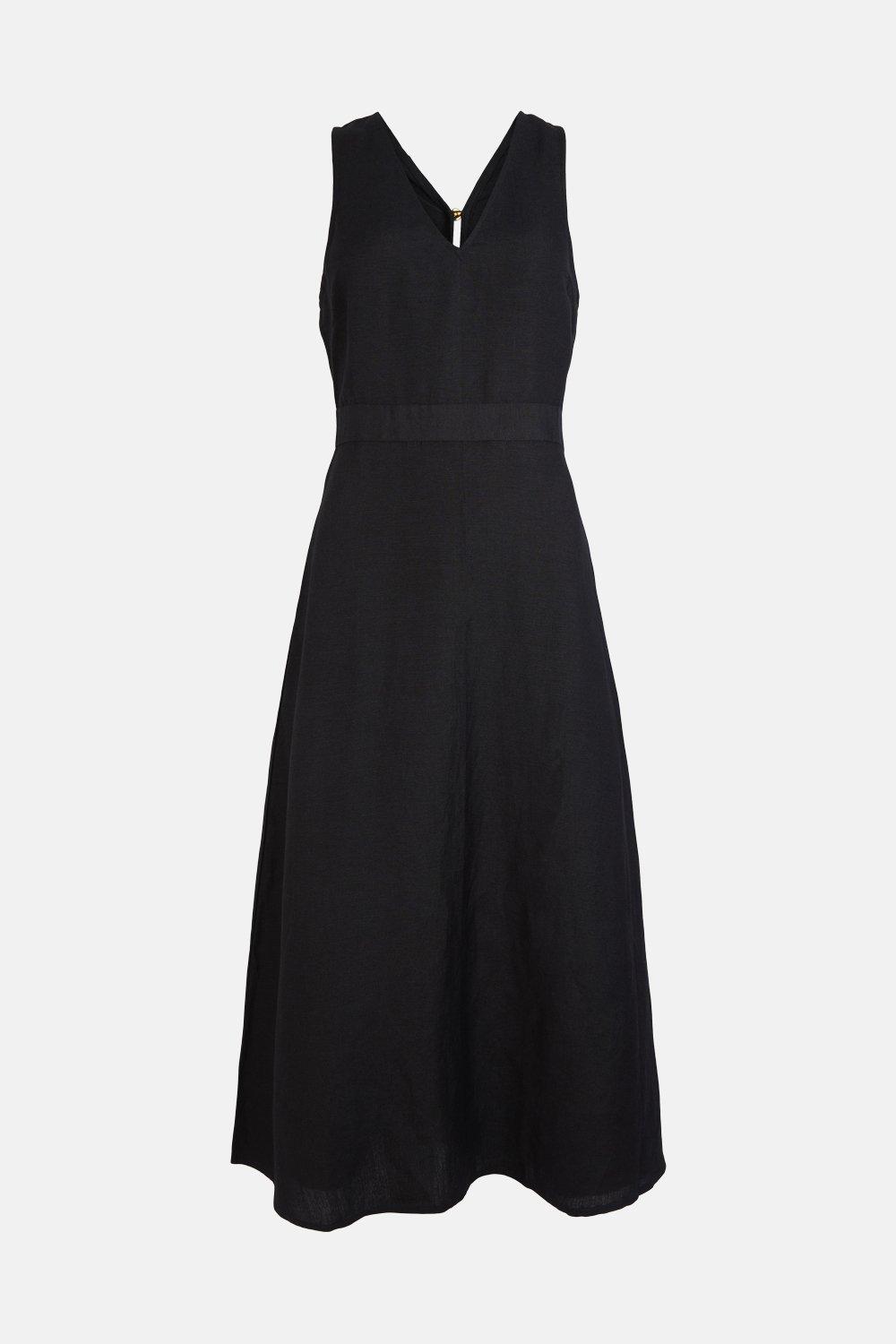 NTG Fad DRESS Black / S V Neck Linen Mix Tailored Midi Dress-(Hand Made)