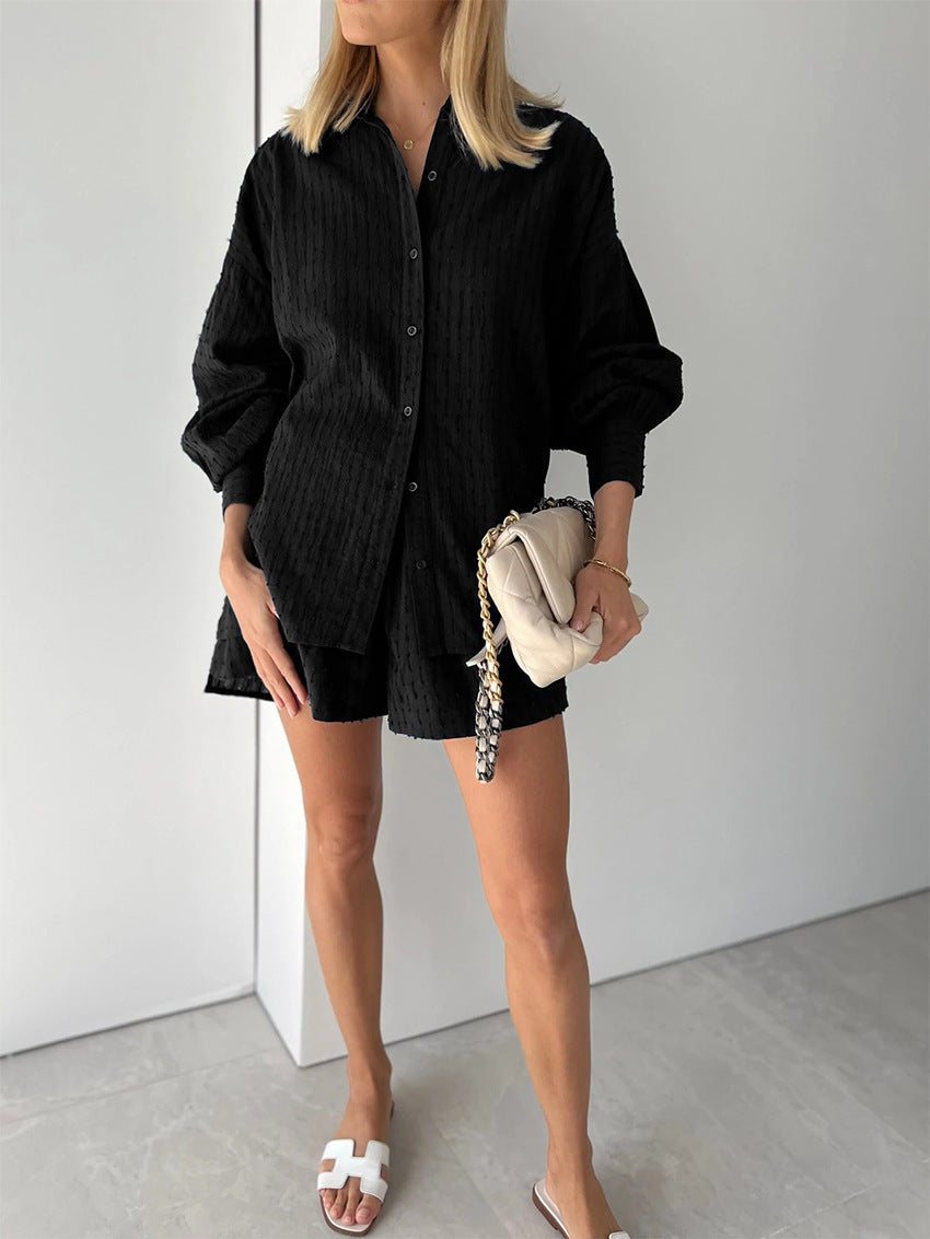 NTG Fad DRESS Black / XL Jacquard Puff Sleeve Shirt Top Shorts Commuter Casual Suit