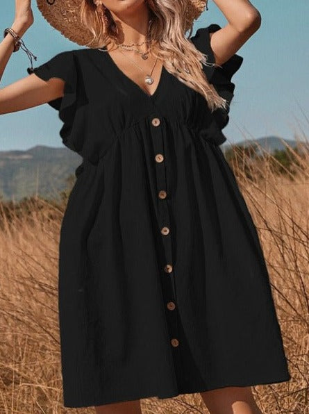 NTG Fad DRESS Black / XS V-neck button-up swing A-line dress-（Hand Make）