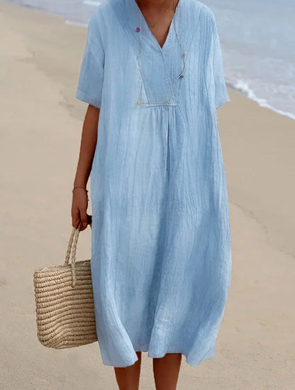 NTG Fad DRESS Blue / 2XL Women's solid color cotton linen dress