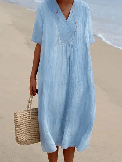 NTG Fad DRESS Blue / 2XL Women's solid color cotton linen dress