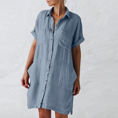 NTG Fad dress Blue / L Cotton And Linen Long Sleeve Dress With Irregular Pockets
