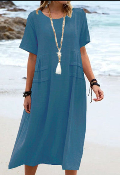 NTG Fad DRESS Blue / S Cotton Linen Solid Color Round Neck Short Sleeve Long Dress
