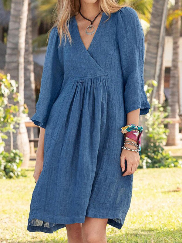 NTG Fad DRESS Blue / S Cotton linen solid color three-quarter sleeve V-neck dress