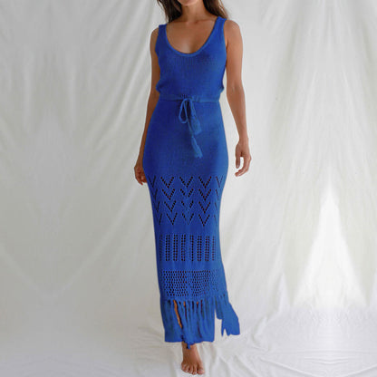 NTG Fad Dress Blue / S Cutout lace-up fringed bikini cover-up beach maxi skirt
